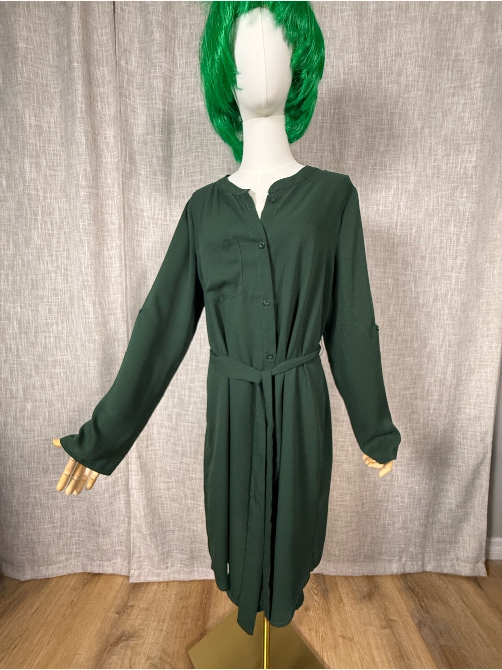 Women's Dark Green Button-Front Tie-Waist Shirt Dress